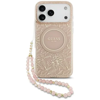 Guess IML Flowers Electro Pearl Strap MagSafe dėklas iPhone 17 Pro Max, rožinis
