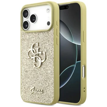 Guess Fixed Glitter Big 4G dėklas, skirtas iPhone 17 Pro Max, auksinis