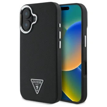 Guess Grained Triangle MagSafe dėklas skirtas iPhone 16, juodas