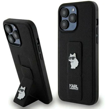 Karl Lagerfeld dėklas iPhone 13 / 13 Pro su laikikliu Gripstand Saffiano, juodas