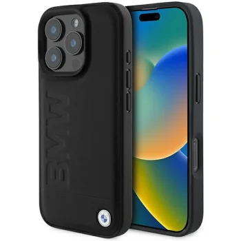 BMW dėklas, skirtas iPhone 16 Pro Max, Leather Hot Stamp, juodas