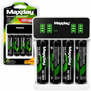 Maxday AA / AAA baterijų įkroviklis su LCD ekranu ir 4 AA baterijomis, baltas