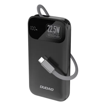 Dudao K31 10000 mAh 22.5W išorinė baterija su integruotu laidu, juoda