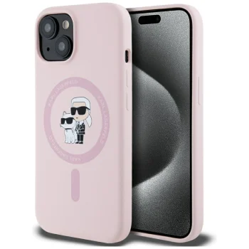 Karl Lagerfeld Silicone Karl&Choupette MagSafe dėklas, skirtas iPhone 15, rožinis