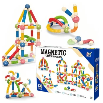 Magnetinis konstruktorius su lanksčiais vamzdeliais ir rutuliukais