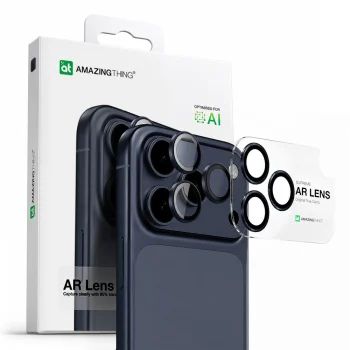 AmazingThing iPhone 17 Pro / 17 Pro Max kameros stiklas su mėlynu aliuminio rėmeliu