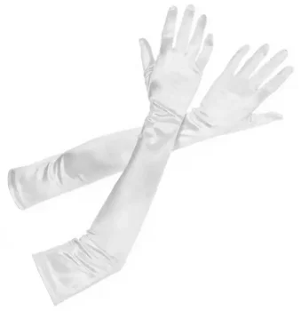 Ilgos atlasinės vakarinės pirštinės retro stiliaus, 52 cm, baltos