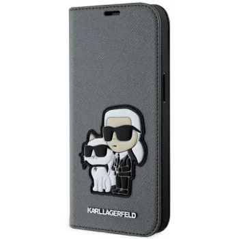 Karl Lagerfeld iPhone 14 knygutės tipo dėklas Saffiano Karl & Choupette, sidabrinis