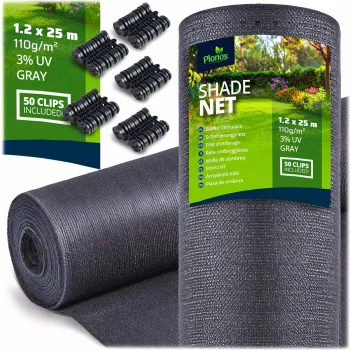 Plonos Shade Net 1.2x25 m 110 g/m² with 50 Clips, Grey