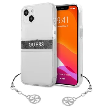 Guess iPhone 13 mini dėklas 4G Gray Strap Charm, permatomas