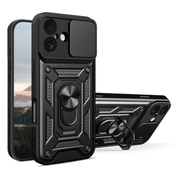 Hybrid Armor Camshield Case for iPhone 17 with Stand and Camera Cover, Black