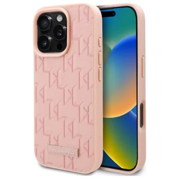 Karl Lagerfeld iPhone 16 Pro dėklas Leather Monogram Metal Logo, rožinis