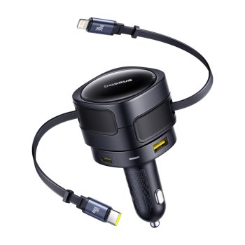 Baseus Enjoyment Max 90W automobilinis įkroviklis su ištraukiamais laidais, juodas