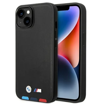 BMW dėklas iPhone 14 Plus telefonui Leather Stamp Tricolor MagSafe, juodas