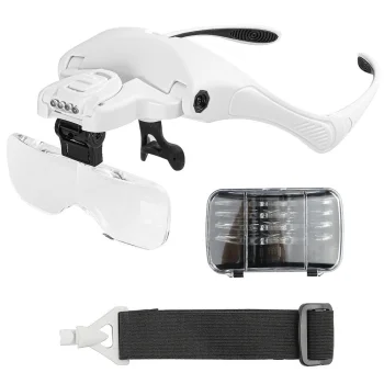 Headband Magnifying Glasses with 4 LEDs and 5 Replaceable Lenses, White