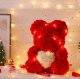 Rožių meškiukas su širdute ir LED apšvietimu, 23 cm, raudonas