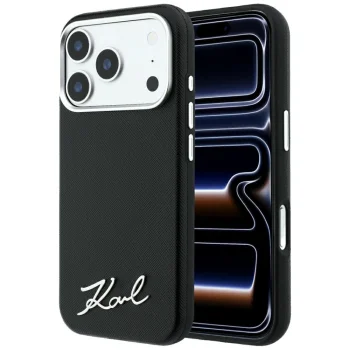 Karl Lagerfeld Saffiano Small Script Metal dėklas iPhone 17/18 Pro Max, juodas