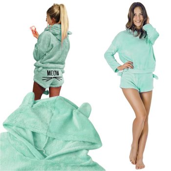 Women's Two-Piece Plush Pajamas with Hood, Blue, Size M
