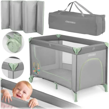 Ricokids RK-240 kelioninė lovelė su čiužiniu ir krepšiu, 125x65x78 cm, pilka/mėtinė