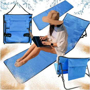 Folding beach mat lounger with backrest and bag, dark blue