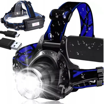 Galvos žibintuvėlis LED T6 Zoom su 2 įkraunamomis baterijomis