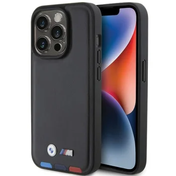 BMW dėklas iPhone 15 Pro telefonui Leather Stamp Tricolor, juodas