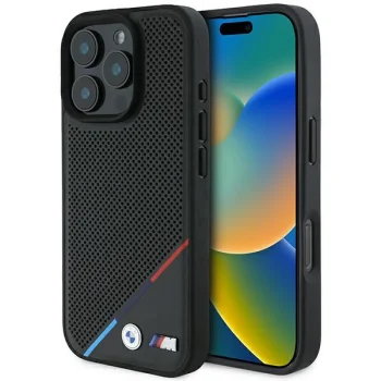 BMW dėklas iPhone 16 Pro telefonui M Perforated Tricolor Line MagSafe, juodas