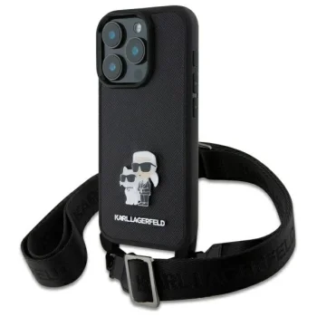 Karl Lagerfeld Saffiano Karl & Choupette dėklas su dirželiu iPhone 16 Pro, juodas