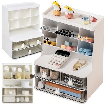 Desk Organizer with Drawers and Shelves for Makeup and Office Supplies, White