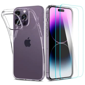 Spigen Crystal Pack rinkinys, skirtas iPhone 14 Pro Max (dėklas + 2 vnt. stiklų)