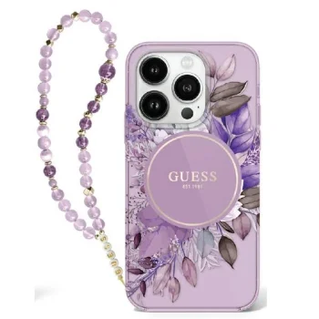 Guess IML Flowers With Pearl Strap MagSafe case for iPhone 16 - purple