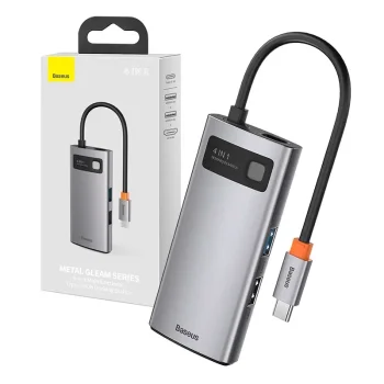 Baseus Metal Gleam Series 4in1 USB-C Šakotuvas (USB 3.0, USB 2.0, HDMI, PD) Pilkas