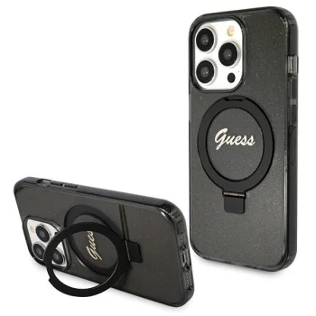Guess Ring Stand Script Glitter MagSafe dėklas iPhone 13 / 13 Pro, juodas