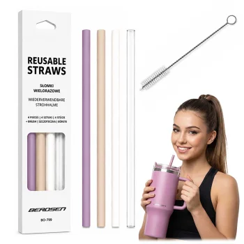 Berdsen Reusable Plastic Straws for Cup, Set of 4 + Brush