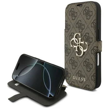 Guess atverčiamasis dėklas, skirtas iPhone 17 Pro, Book 4G Metal Logo, rudas
