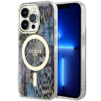 Guess dėklas iPhone 14 Pro su MagSafe, Leopard, Mėlynas