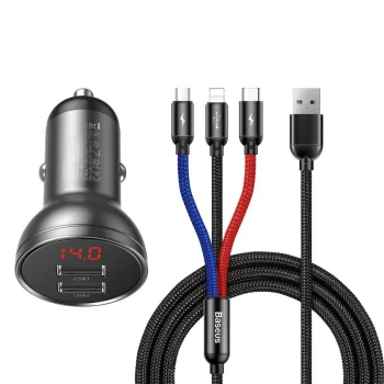 Automobilinis įkroviklis Baseus 2x USB 24W su LCD ir „trys viename“ laidu, juodas