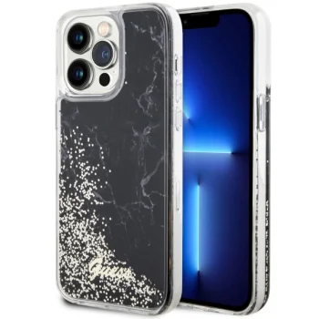 Guess dėklas iPhone 14 Pro Max telefonui Liquid Glitter Marble, juodas
