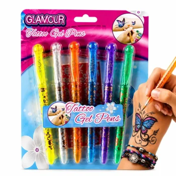 Blizgančių gelinių rašiklių tatuiruotėms rinkinys, 6 spalvos su trafaretais