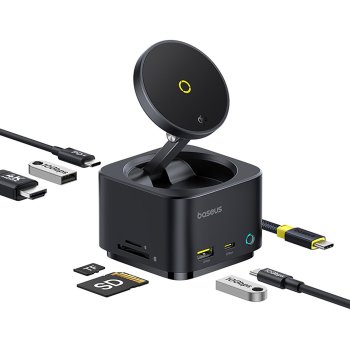 Baseus MagPro Series II 7-in-1 USB-C šakotuvas su MagSafe įkrovikliu 15W, juodas
