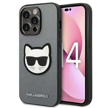 Karl Lagerfeld Saffiano Choupette Head Patch dėklas iPhone 14 Pro, Sidabrinis