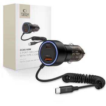 Automobilinis įkroviklis Tech-Protect CC05 PD60W su USB-C laidu, juodas