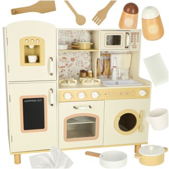 Case medinė žaislinė virtuvėlė su garsu, šviesa ir vandens čiaupu, 90 cm, smėlio