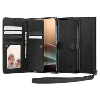 Spigen Wallet S atverčiamasis dėklas Samsung Galaxy S25+ telefonui, juodas