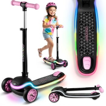 Triratis balansinis paspirtukas vaikams Ricokids Leddi su LED ratais, juodas-rožinis