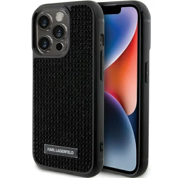 Karl Lagerfeld iPhone 15 Pro Case Rhinestone Logo Metal Plate, Black
