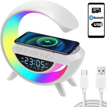 RGB LED stalinė lempa su belaidžiu įkrovikliu, Bluetooth garsiakalbiu ir žadintuvu