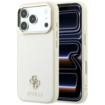 Guess Saffiano Small 4G & Classic Logo MagSafe dėklas iPhone 17 Pro Max / 18 Pro Max, smėlio spalvos