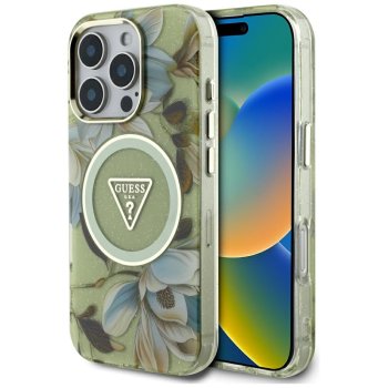 Guess Glitter Flowers Triangle Buttons MagSafe dėklas iPhone 16 Pro Max, žalias