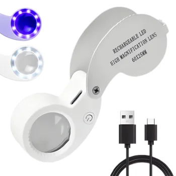Sulankstomas juvelyrinis didinamasis stiklas 60x su LED ir UV, USB-C, sidabrinis